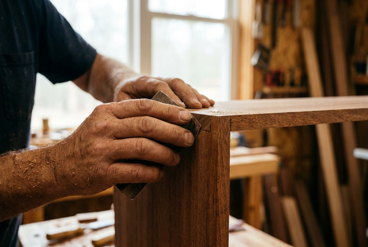 Master craftsman in Jepara carefully sanding mahogany furniture joint at PT Bumi Mangku Jaya
