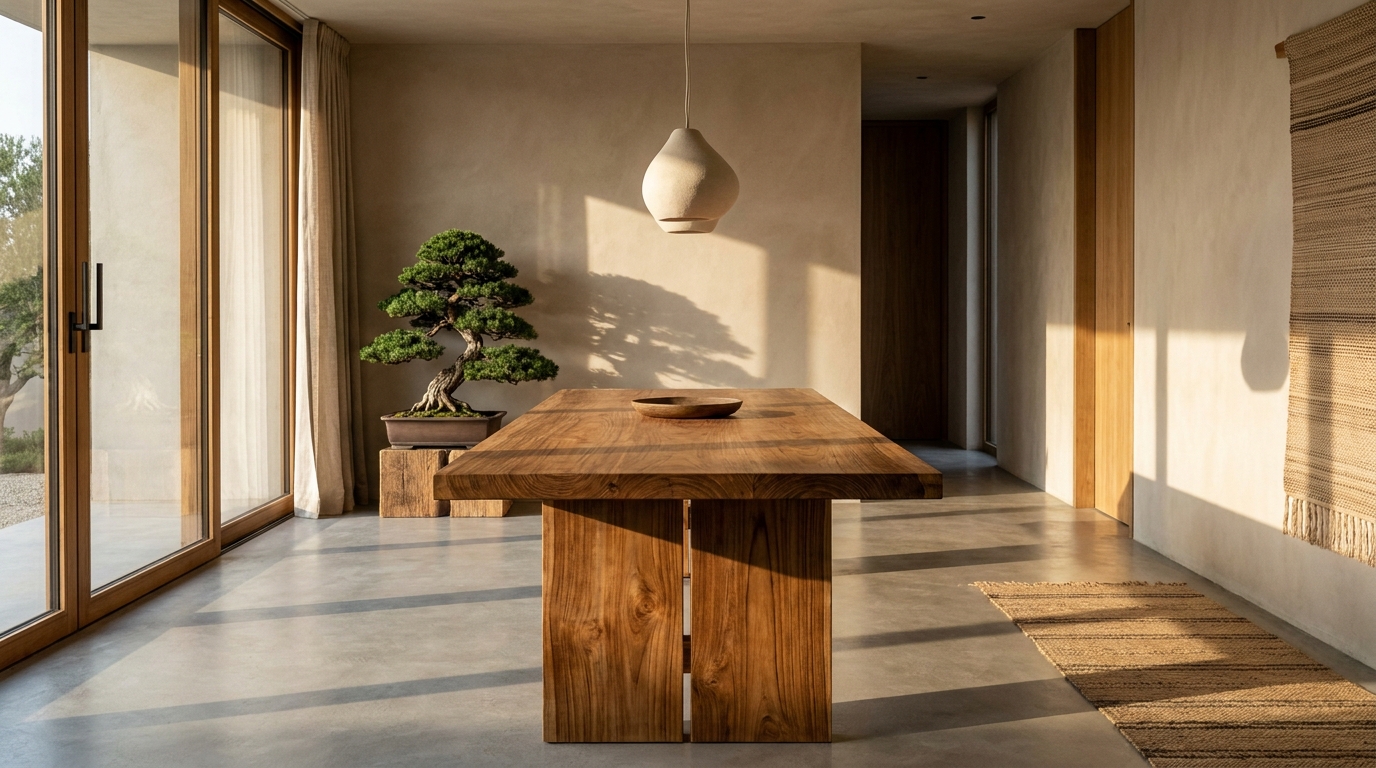 Architectural photograph of solid teak dining table manufactured by PT Bumi Mangku Jaya in Jepara