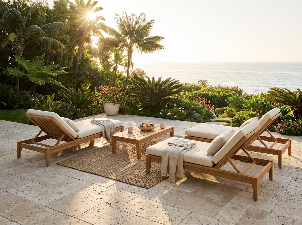 A collection of premium outdoor furniture teak loungers and low table
