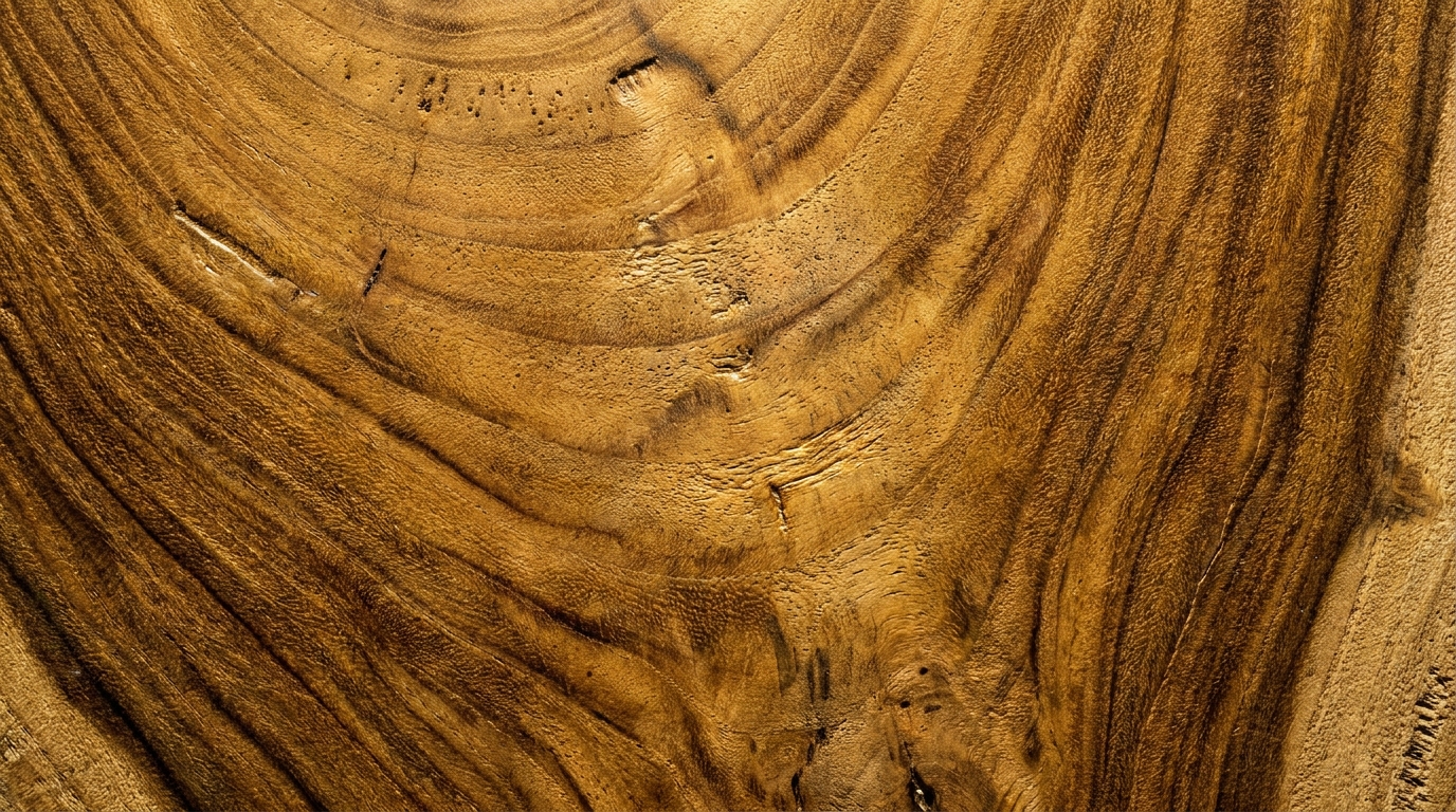 Macro texture shot of raw solid teak timber showing golden brown grains